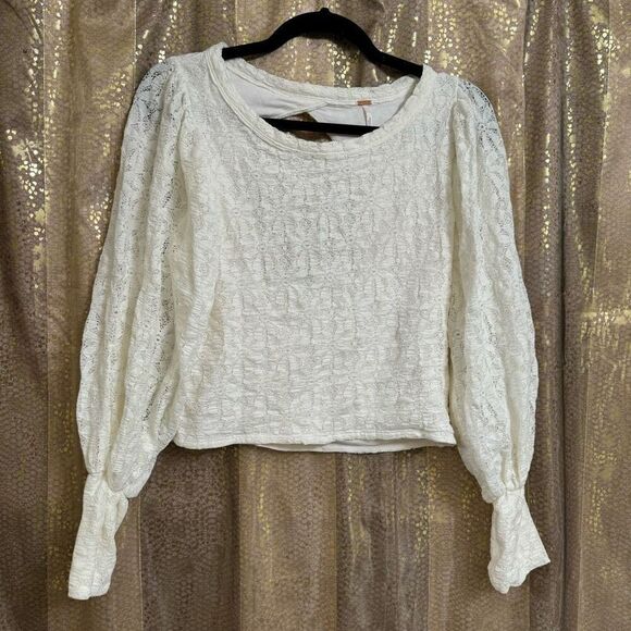 Free People Jasmine Tea Time Long Puff Lace Sleeve Open Back Top Ivory Medium - Picture 1 of 9